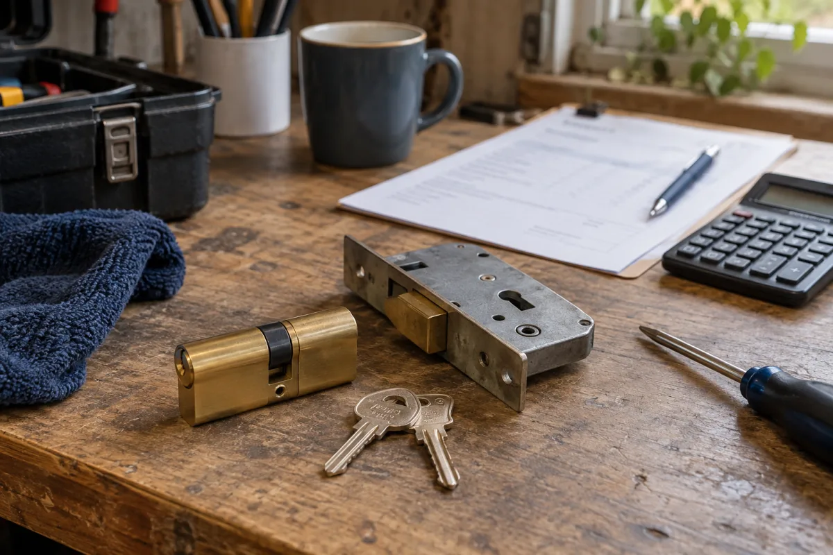 Replacement euro cylinders, a mortice lock and keys beside a locksmith's quotation on a workbench