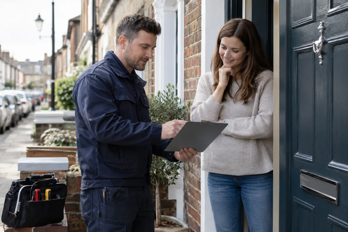 A locksmith discussing a quote with a homeowner at a London front door