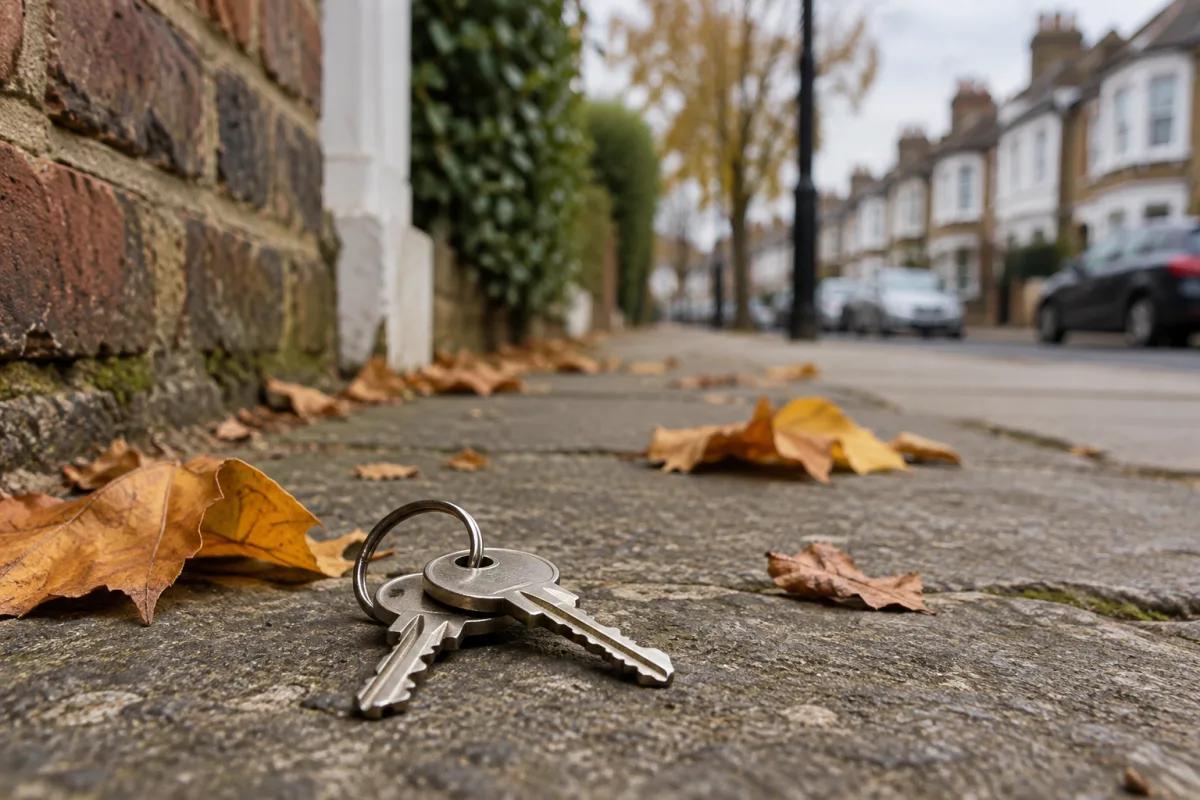 A lost set of house keys on a pavement beside autumn leaves