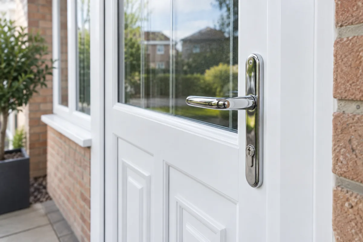 Close-up of a chrome lever handle on a white uPVC front door