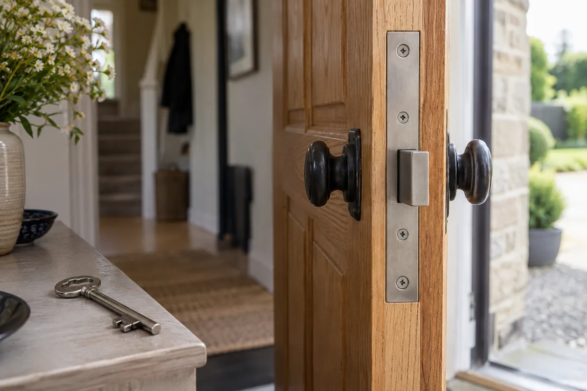 Close-up of a mortice deadlock and its faceplate fitted into the edge of a timber front door